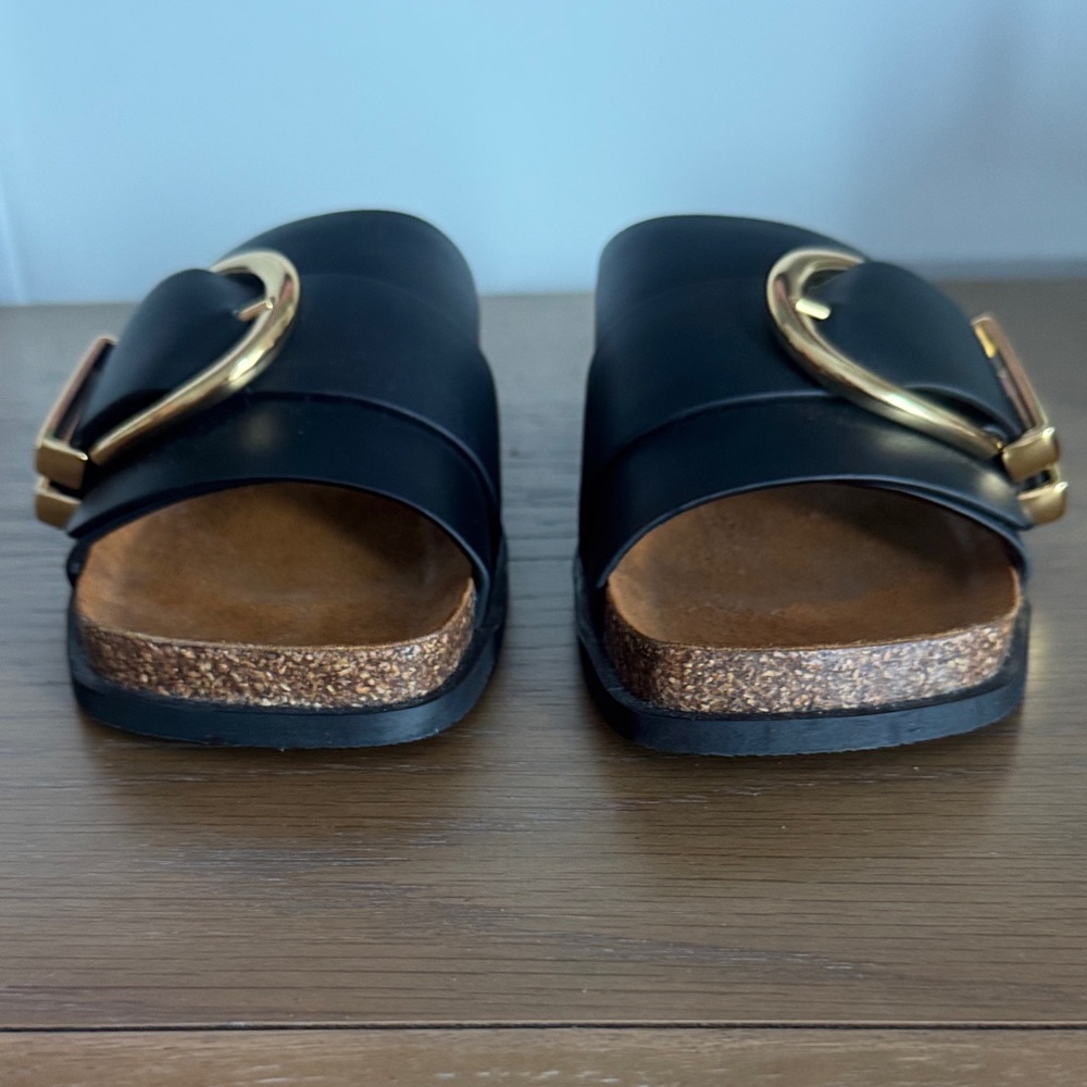 New Khaite Thompson Black Leather Slide Sandals with Gold Buckle - Picture 6 of 7